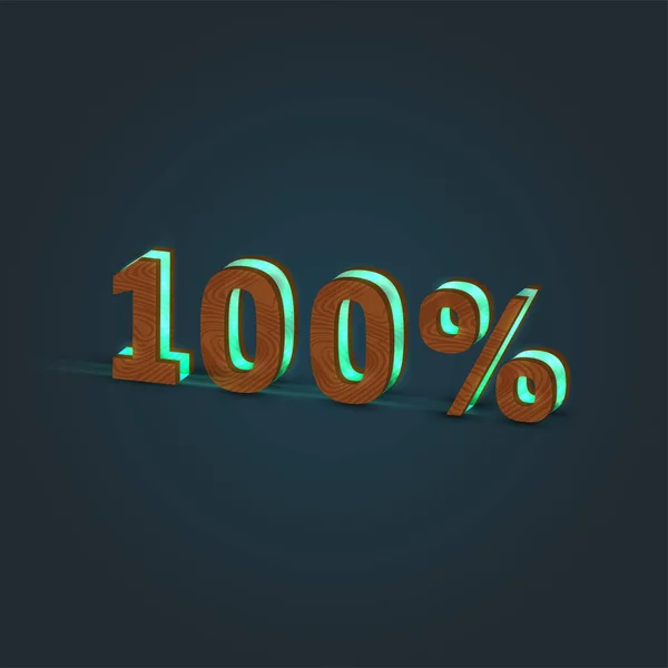 '100%' - Realistic illustration of a word made by wood and glowi — Stock Vector