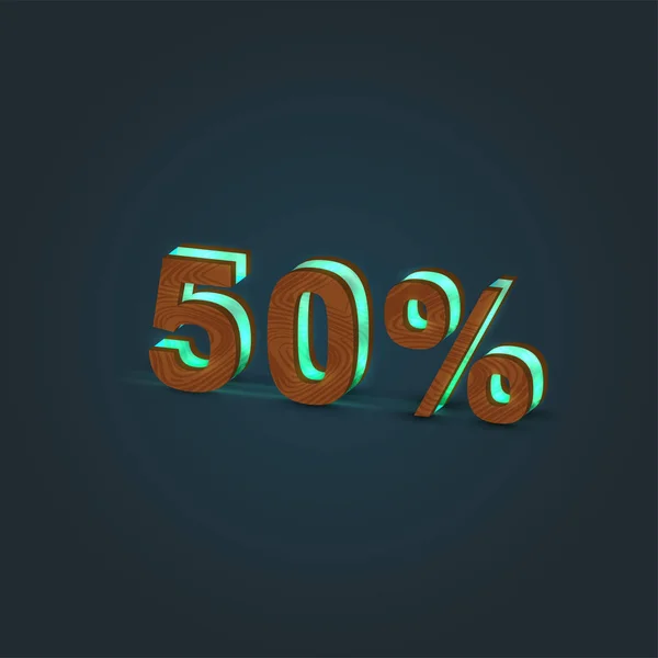 '50%' - Ilustración realista de una palabra hecha de madera y resplandor — Archivo Imágenes Vectoriales