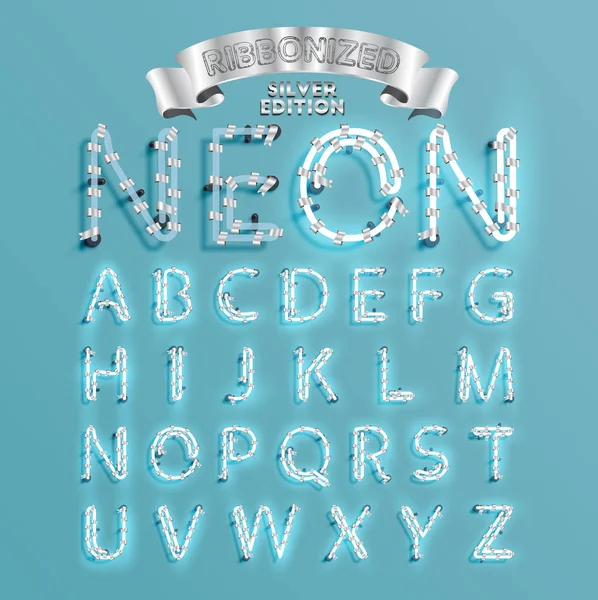 Neon Fontset mit Weihnachtsdekoration Kiefer, Vektor illustr — Stockvektor