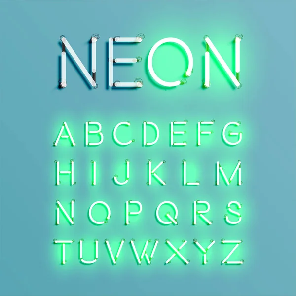 Realistiska neon teckensnitt teckenuppsättning, vektorillustration — Stock vektor