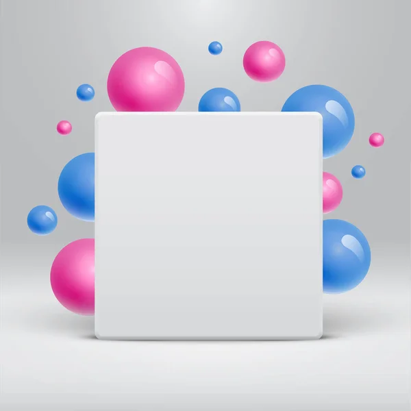 Plantilla blanca en blanco con bolas de colores flotando alrededor para adv — Archivo Imágenes Vectoriales