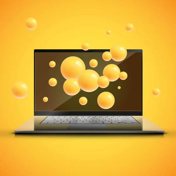 Presentación de saturación mejorada del ordenador portátil por esferas coloridas detrás, ilustración vectorial — Vector de stock