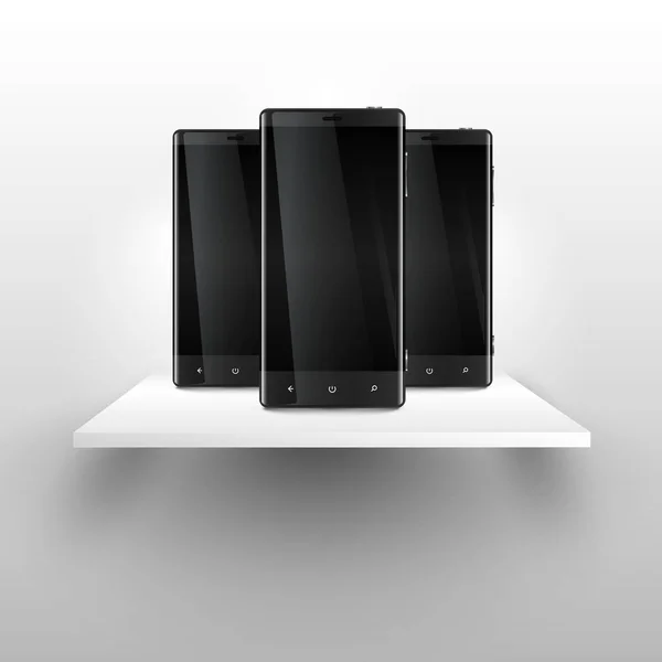 Три мобільні телефони на полиці, реалістична векторна ілюстрація — стоковий вектор