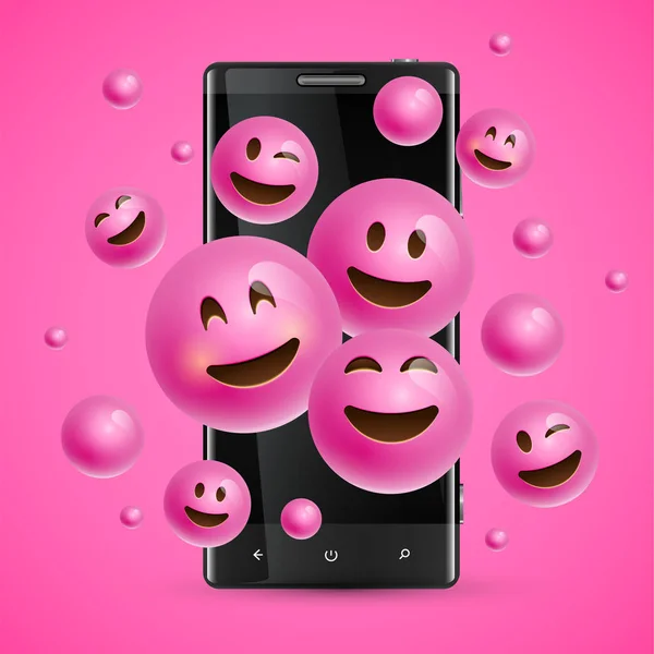 3D and different kinds of emoticons with matte smartphone, vecto — Stock Vector
