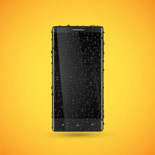 Zwarte realistische mobiele telefoon met waterdrops, vector illustratie — Stockvector