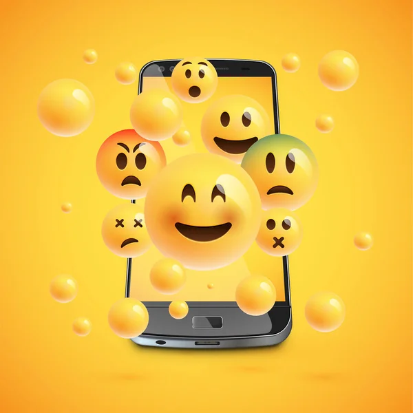 Emoticons 3D com smartphone realista, ilusão vetorial — Vetor de Stock