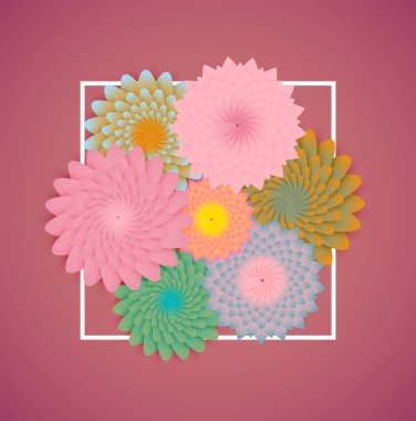 Beyaz kenarlık lı renkli çiçekler ve yapraklar, vektör illustrati