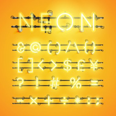 Kablolar ve konsollu sarı gerçekçi neon karakter seti, vect