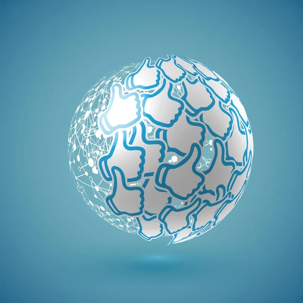 Blue realistic shaded 'thumbs up' globe with connections, vector — Stock Vector