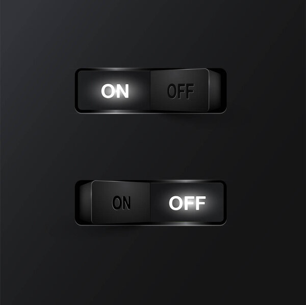 Realistic black switches (ON/OFF) on black background, vector il
