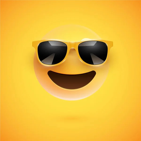 Sonriente 3D de alto detalle con gafas de sol sobre un fondo colorido — Vector de stock