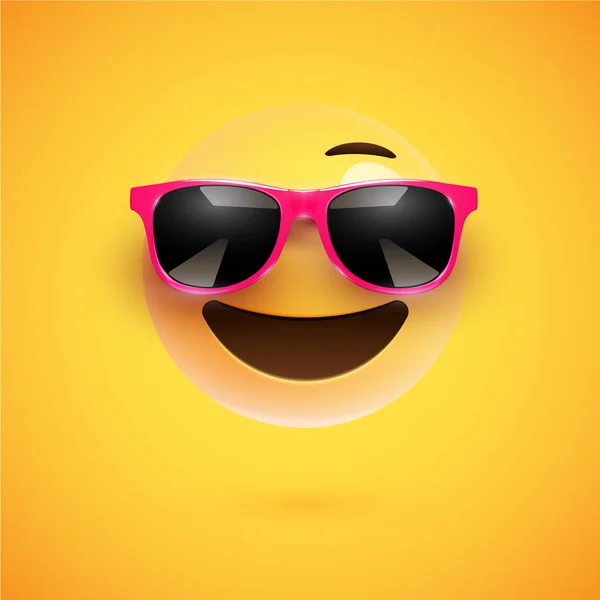 Smiley 3D très détaillé avec des lunettes de soleil sur un fond coloré — Image vectorielle