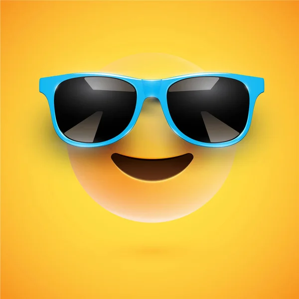 Sonriente 3D de alto detalle con gafas de sol sobre un fondo colorido — Vector de stock