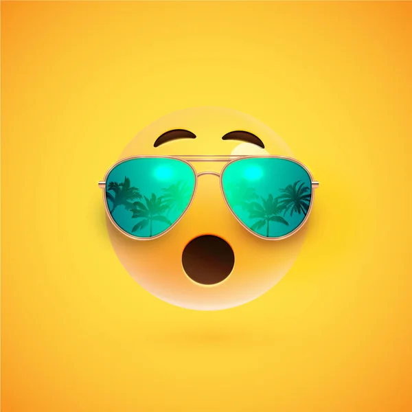 Hochdetaillierte 3D-Smiley mit Sonnenbrille auf buntem Hintergrund — Stockvektor