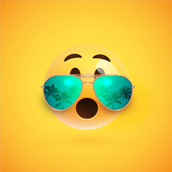 Hochdetaillierte 3D-Smiley mit Sonnenbrille auf buntem Hintergrund — Stockvektor