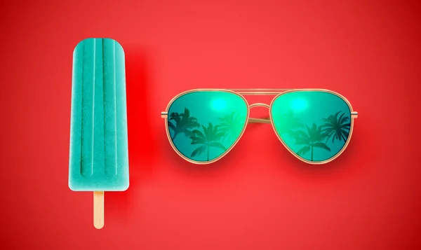 Óculos de sol realistas com sorvete em fundo colorido, vecto — Vetor de Stock