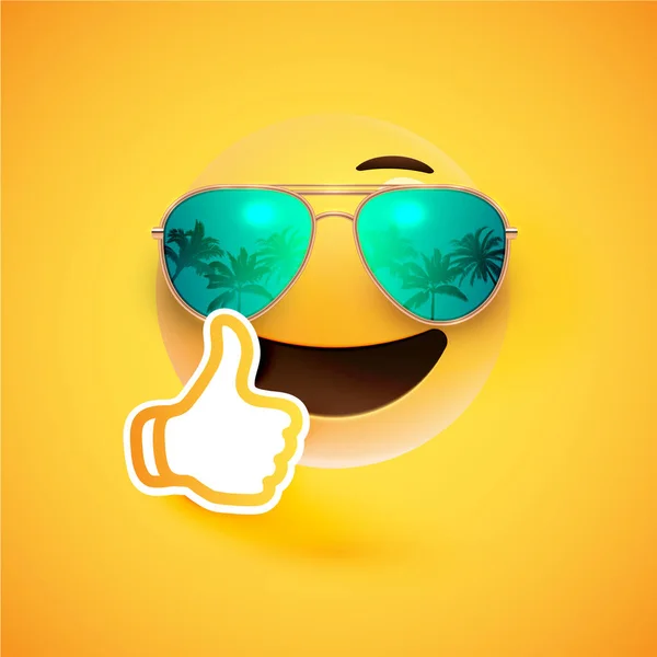 Realistisches Emoticon mit Sonnenbrille und Daumen hoch, Vektor illustr — Stockvektor