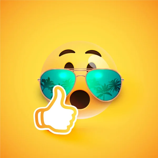 Realistisches Emoticon mit Sonnenbrille und Daumen hoch, Vektor illustr — Stockvektor