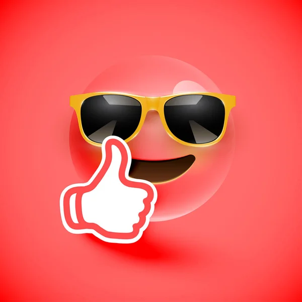 Realistic emoticon with sunglasses and thumbs up, vector illustr — Stock Vector