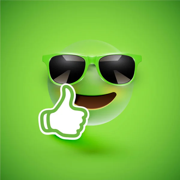 Realistic emoticon with sunglasses and thumbs up, vector illustr — Stock Vector