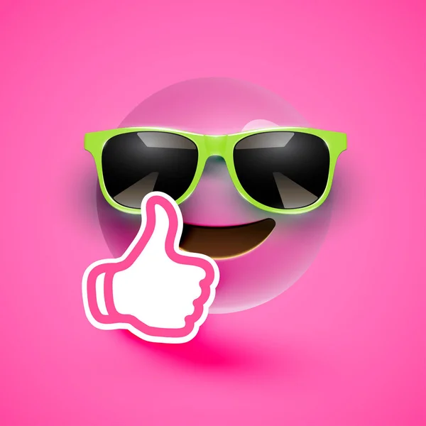 Realistic emoticon with sunglasses and thumbs up, vector illustr — Stock Vector