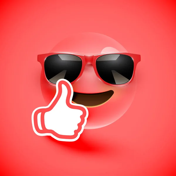 Realistic emoticon with sunglasses and thumbs up, vector illustr — Stock Vector