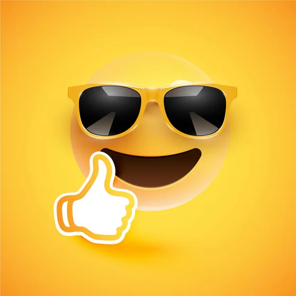 Emoticon realistico con occhiali da sole e pollici in su, vettoriale illustr — Vettoriale Stock