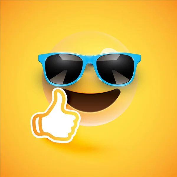 Realistic emoticon with sunglasses and thumbs up, vector illustr — Stock Vector