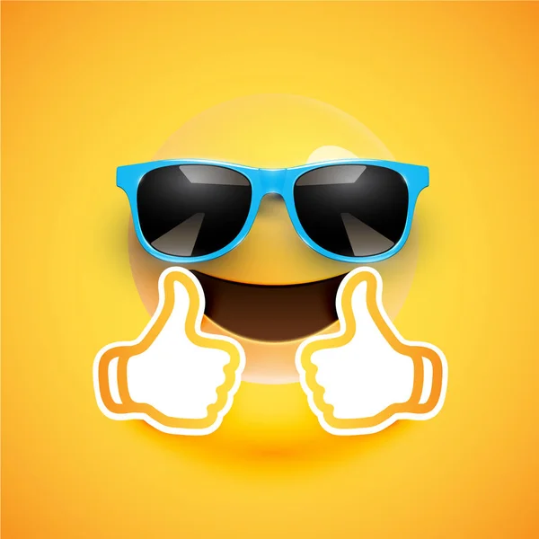 Emoticono realista con gafas de sol y pulgares hacia arriba, vector illustr — Vector de stock