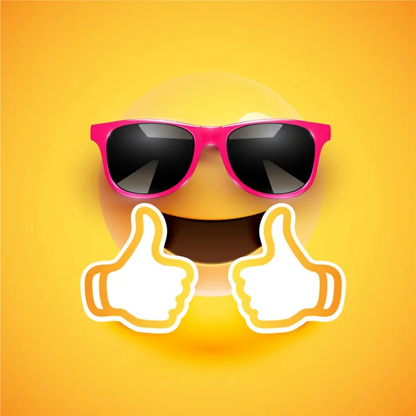 Emoticon realista com óculos de sol e polegares para cima, vector illustr — Vetor de Stock