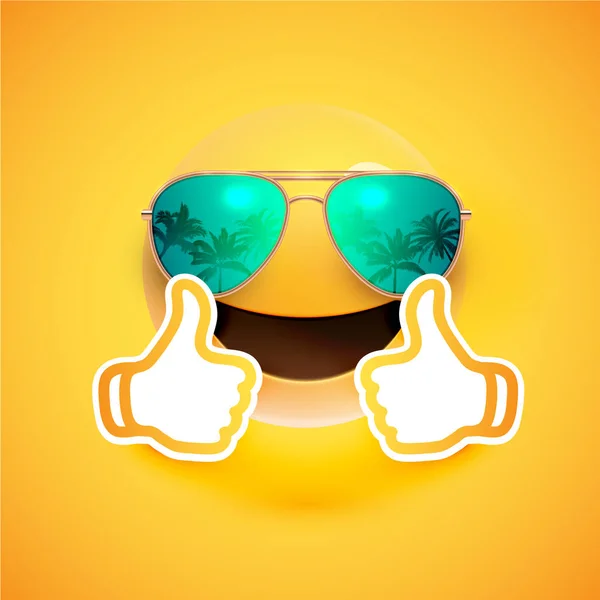 Emoticon realista com óculos de sol e polegares para cima, vector illustr — Vetor de Stock