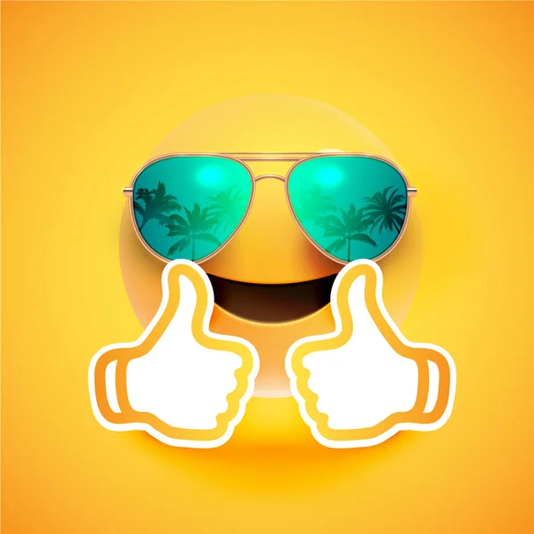 Emoticon realista com óculos de sol e polegares para cima, vector illustr — Vetor de Stock