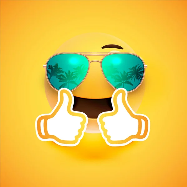 Realistisches Emoticon mit Sonnenbrille und Daumen hoch, Vektor illustr — Stockvektor