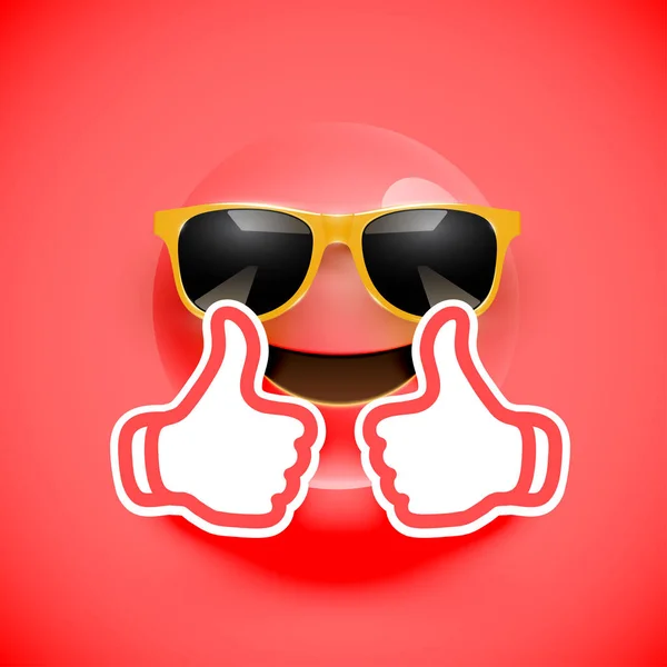Emoticon realista com óculos de sol e polegares para cima, vector illustr —  Vetores de Stock