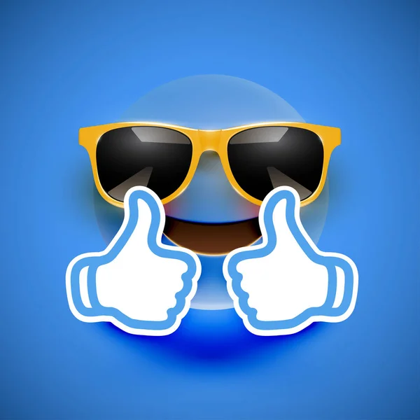 Realistic emoticon with sunglasses and thumbs up, vector illustr — Stock Vector