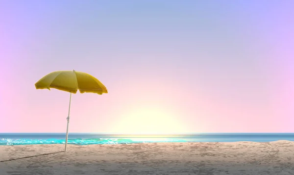 Paisagem realista de uma praia com pôr do sol / nascer do sol e um yello —  Vetores de Stock