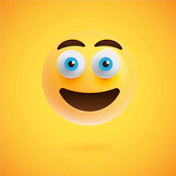 Cara sonriente emoticono realista amarillo, ilustración vectorial — Vector de stock