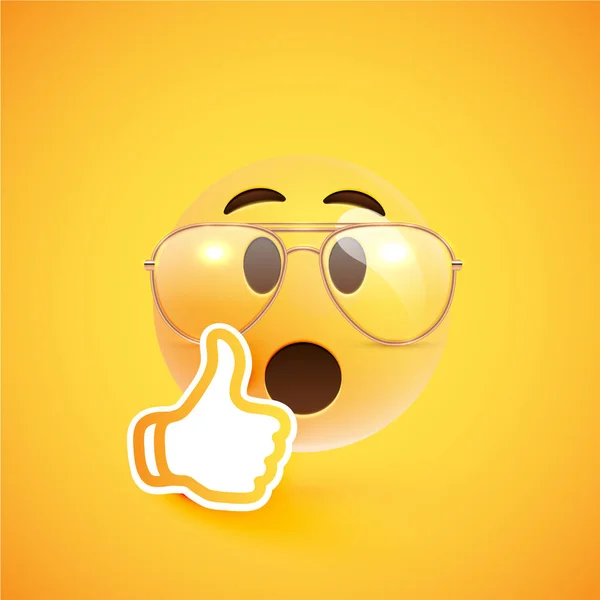 Realistic emoticon with eyeglasses and thumbs up, vector illustr — Stock Vector