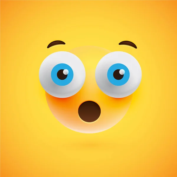 Emoticono amarillo realista frente a un fondo amarillo, vecto — Vector de stock