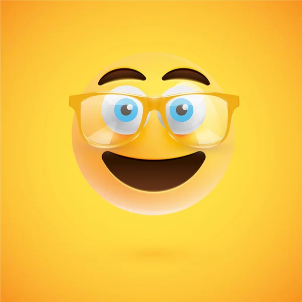 3D yellow emoticon with eyeglasses, vector illustration — Stock Vector