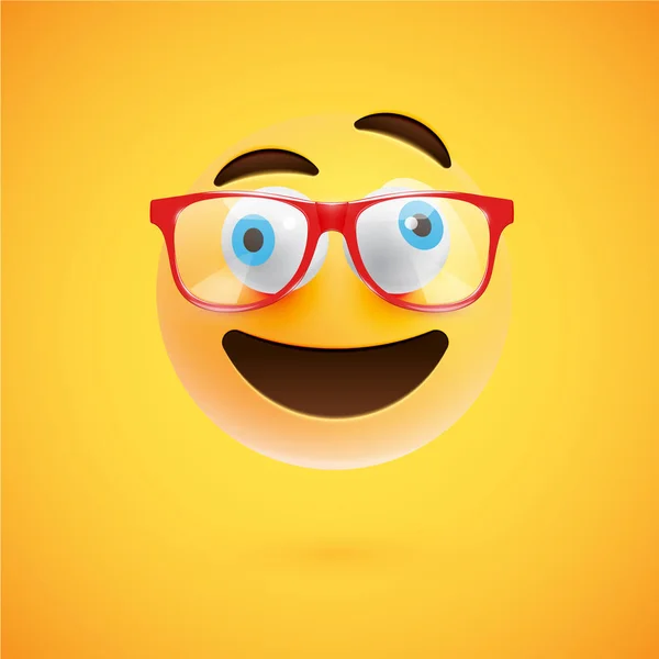 3D yellow emoticon with eyeglasses, vector illustration — Stock Vector