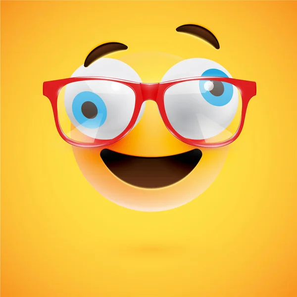 3D yellow emoticon with eyeglasses, vector illustration — Stock Vector