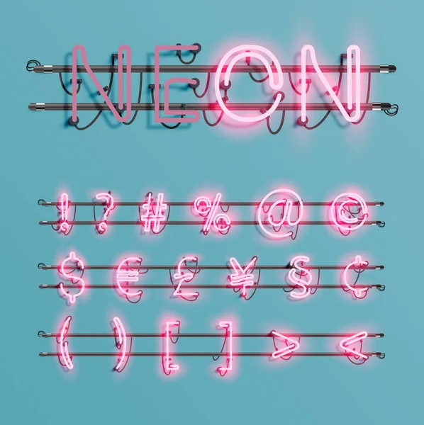 Realistic neon font with wires and console, vector illustration — Stock Vector