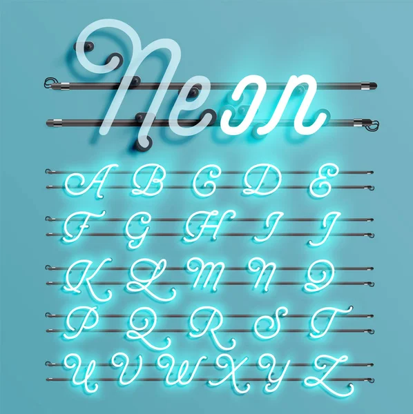 Ρεαλιστική νέον γραμματοσειρά με καλώδια και κονσόλα, εικονογράφηση διάνυσμα — Διανυσματικό Αρχείο