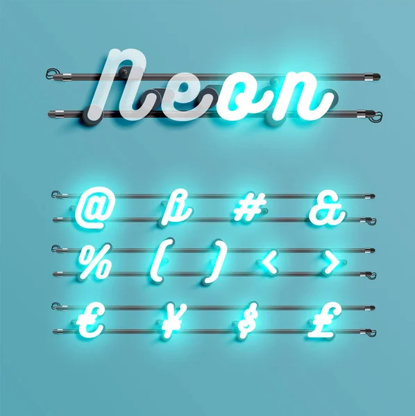 Ρεαλιστική νέον γραμματοσειρά με καλώδια και κονσόλα, εικονογράφηση διάνυσμα — Διανυσματικό Αρχείο