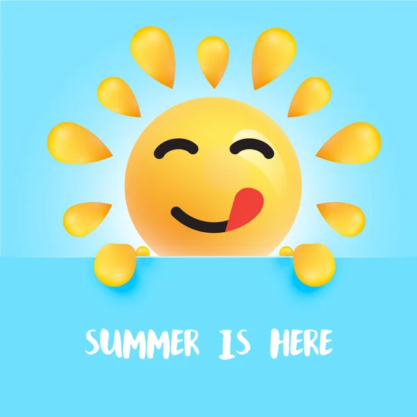 Śmieszne słońce-smiley z tytułem "lato jest tutaj", ilustracja wektorowa — Wektor stockowy