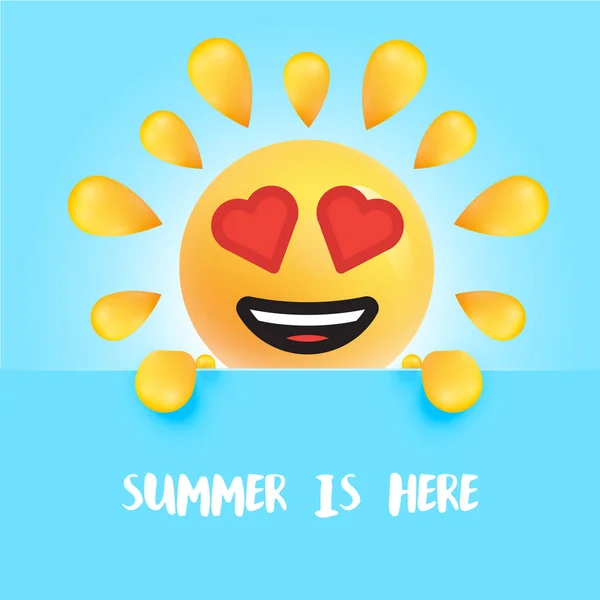 Смешная солнечная улыбка с названием "" Лето здесь ", векторная иллюстрация — стоковый вектор