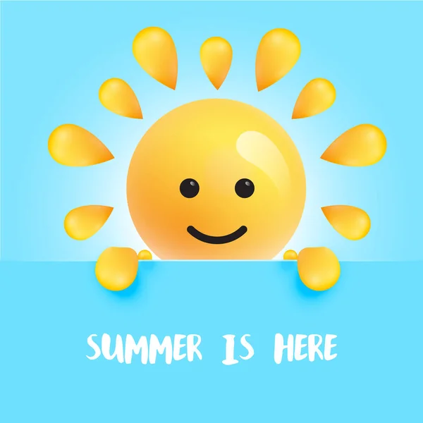 Смешная солнечная улыбка с названием "" Лето здесь ", векторная иллюстрация — стоковый вектор