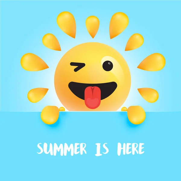 Lustiger Sonne-Smiley mit dem Titel "" Der Sommer ist da ", Vektorillustration — Stockvektor