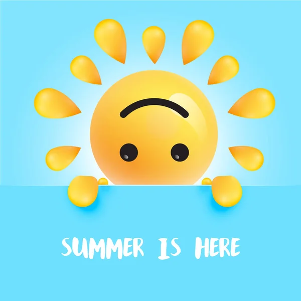 Sorriso de sol engraçado com o título "" O verão está aqui ", ilustração vetorial — Vetor de Stock